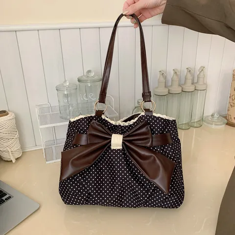 Sac Tote à Pois pour Femmes en Toile Grande Capacité Sac à Épaule Avec Grand Nœud Dentelle Vintage Sac à Main Académie
