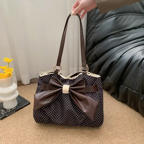 Sac Tote à Pois pour Femmes en Toile Grande Capacité Sac à Épaule Avec Grand Nœud Dentelle Vintage Sac à Main Académie