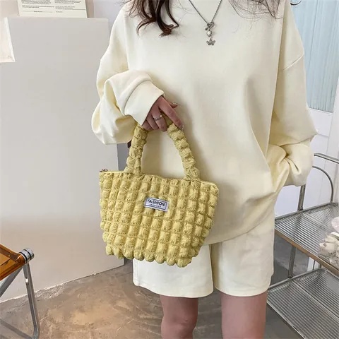 Women Bubble Pleated Nylon Tote Handbag Casual Solid Color Shoulder Bag With Flower Pendant Zipper Closure Fashion Daily Purse