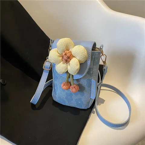 Women's Mini Floral Mobile Phone Bag Fashion Jacquard Crossbody Bag With 3D Flower Pompom Charm Sweet Small Square Bag