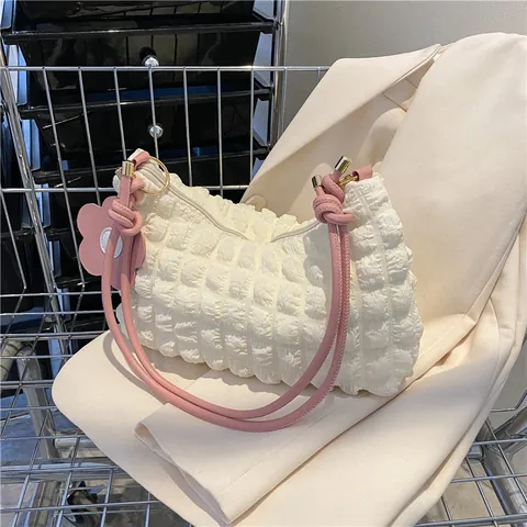 Women Popcorn Bubble Texture Underarm Bag Pleated Nylon Shoulder Bag With Flower Pendant Knot Strap Fashion Streetwear Tote