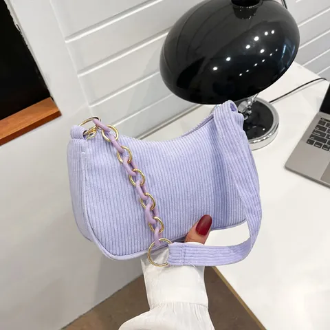 Bolso de Axila de Pana para Mujer Retro Minimalista Hobo Correa de Cadena Color Sólido Cremallera Bolso de Hombro Casual de Mano