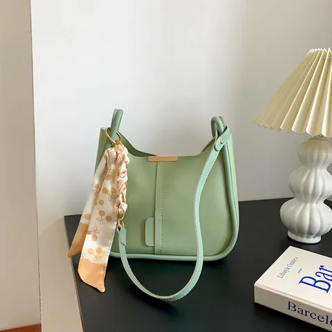 Bolso de Hombro de Cuero PU para Mujer Minimalista Vintage Francés Color de Contraste Bolso Hobo de Axila Con Pañuelo de Seda