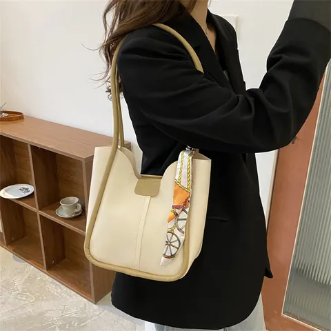 Women Large Capacity Bucket Bag Minimalist PU Leather Tote Bag With Silk Scarf Decor Urban Commuting Casual Shoulder Bag