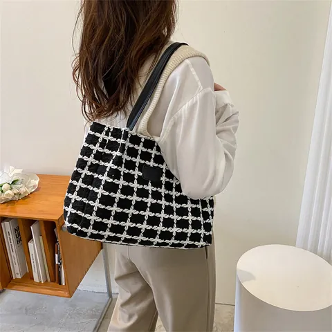 Large Capacity Plaid Tweed Tote Bag For Women Chic Fashion Grid Pattern Shoulder Bag Casual Commuter Handbag Lady Purse