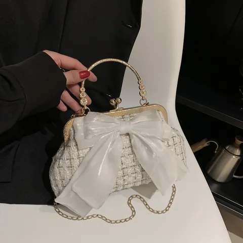 Sac à Bandoulière Élégant en Tweed pour Femmes avec Nœud Poignée Dorée Rétro Petit Sac Carré pour Soirée