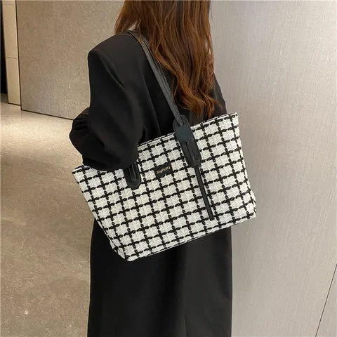 Women Fashion Large Capacity Plaid Tote Bag Vintage Tweed Shoulder Bag Simple Casual Handbag For Daily Travel Office