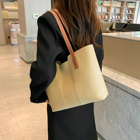 Borsa Tote da Donna in Pelle PU di Grande Capacità Moda Minimalista Cuciture a Contrasto Borsa a Spalla Casual Quotidiana