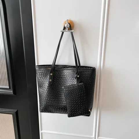 Ensemble Sac Fourre-tout Femme Texture Tissée Grande Capacité Avec Pochette Assortie Sac à Bandoulière Casual en Cuir PU