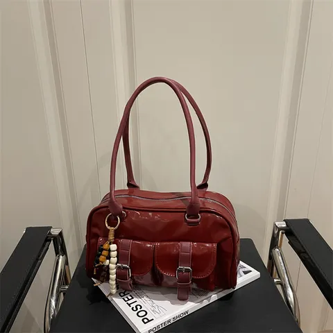 Damen Retro Glänzend PU Schultertasche Große Kapazität Handtasche Boston Tasche Doppeltaschen Perlen-Charm Lässig Tasche