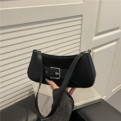 Bolso de Axila de Cuero PU Minimalista para Mujer Bolso de Hombro Baguette Retro Con Hebilla de Cinturón de Metal Bolso de Moda