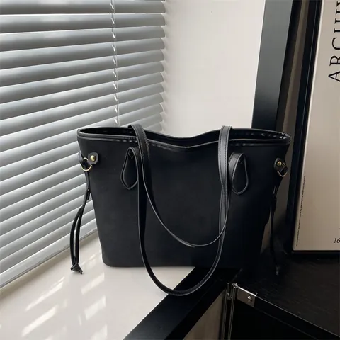 Women Large Capacity Tote Bag Vintage Suede Texture Shoulder Bag With Drawstring Metal Ring Simple Commuter Handbag Women Office Daily Travel Shopping Bag