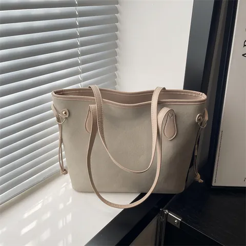 Women Large Capacity Tote Bag Vintage Suede Texture Shoulder Bag With Drawstring Metal Ring Simple Commuter Handbag Women Office Daily Travel Shopping Bag