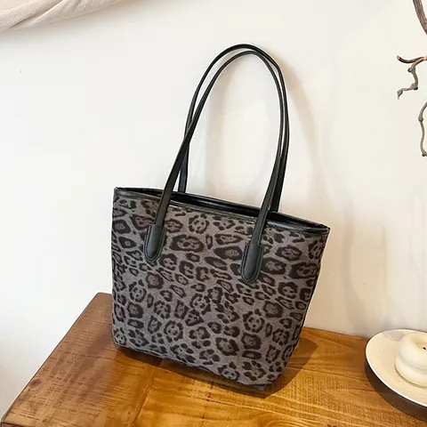 Women Vintage Leopard Print Suede Tote Bag Large Capacity Urban Minimalist Shoulder Handheld Bag For Commute Travel Shopping