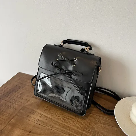 Fashion Women PU Leather Ita Bag Transparent Window Backpack Japanese Style Lace Up Bow Student School Bag Shoulder Bag