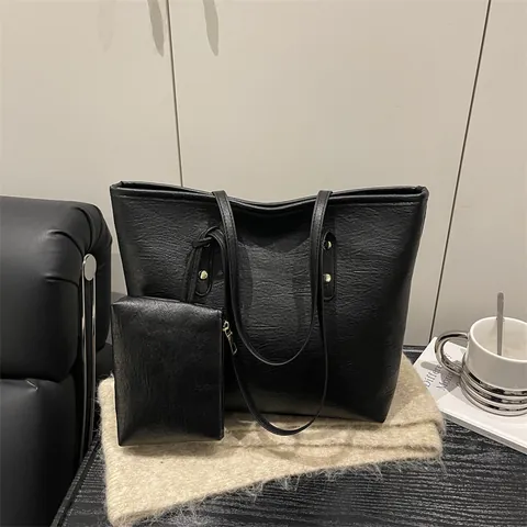 Women Large Capacity PU Leather Tote Bag And Matching Small Pouch Minimalist Shoulder Bag For Commuting School Work Daily Handbag