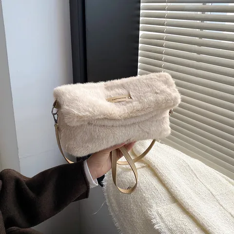 Women Fashion Plush Faux Fur Crossbody Bag Autumn Winter Fluffy Shoulder Handbag With PU Strap Solid Color Soft Tote Purse