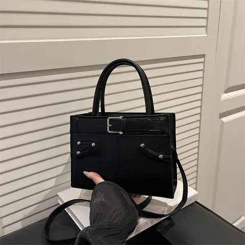 Women Vintage PU Leather Shoulder Bag With Rivets Belt Buckle Large Capacity Crossbody Tote Handbag For Office Commute