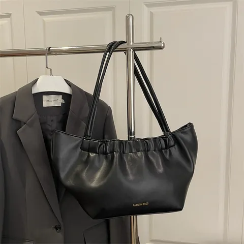 Women Ruched Cloud Tote Bag PU Leather Large Capacity Shoulder Handbag For Wedding Office Daily Minimalist Solid Color Bag