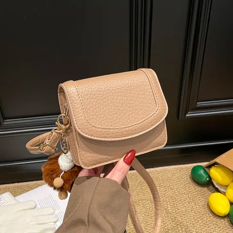 Minimalist Pebbled PU Leather Crossbody Bag For Women Solid Color Small Square Bag With Plush Monster Pendant Shoulder Bag