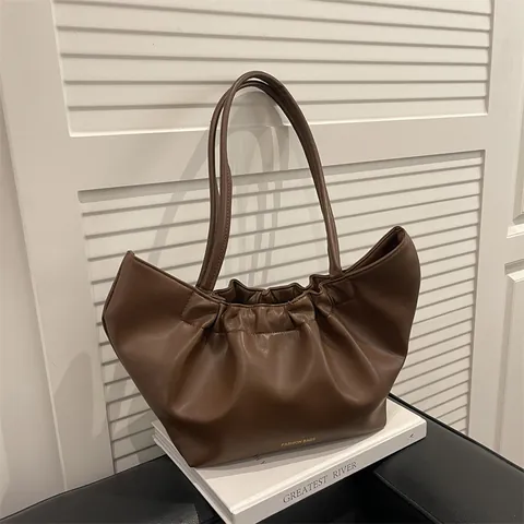 Women Ruched Cloud Tote Bag PU Leather Large Capacity Shoulder Handbag For Wedding Office Daily Minimalist Solid Color Bag