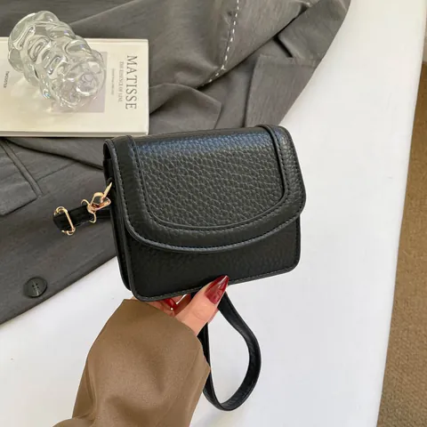 Women Urban Minimalist Litchi Pattern Crossbody Bag Small Square Shoulder Bag With Cute Plush Pendant PU Leather Daily Handbag