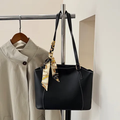 Women's Large Capacity Tote Bag PU Leather Shoulder Bag With Contrast Stitching And Decorative Satin Scarf Casual Commute Handbag
