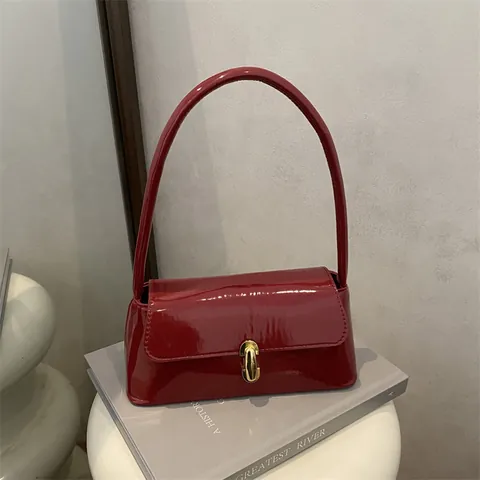 French Style Patent Leather Baguette Bag For Women Retro Metallic Lock Underarm Shoulder Bag Fashion Minimalist Square Handbag