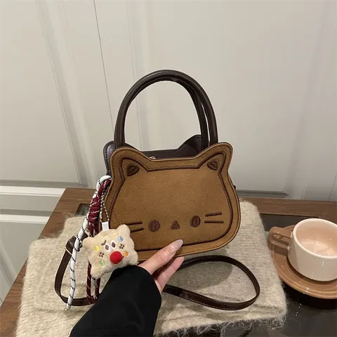 Borsa a Mano a Forma di Gatto con Ricamo per Donna Borsa a Tracolla Vintage con Texture Smerigliata e Tracolla Regolabile