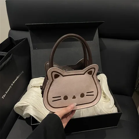 Borsa a Mano a Forma di Gatto con Ricamo per Donna Borsa a Tracolla Vintage con Texture Smerigliata e Tracolla Regolabile