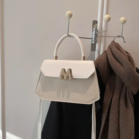 Bolso de Hombro para Mujer Minimalista Vintage de Cuero PU y Tejido de Espiga Bolso de Bandolera Con Hebilla de Metal Diario Viaje