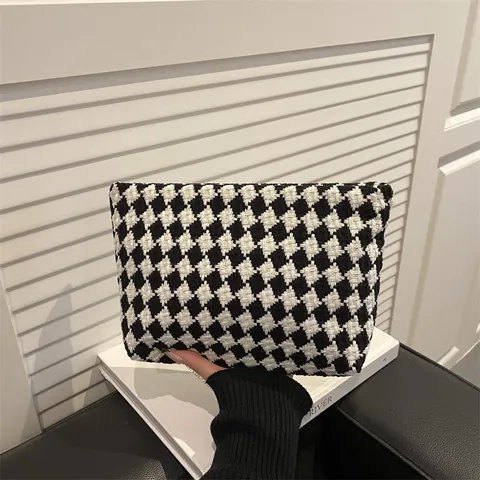 Schachbrettmuster Gewebte Kosmetiktasche Große Kapazität Mikrofaser Make-up-Organizer Für Damen Vintage Hahnentritt Clutch Reise Aufbewahrungstasche
