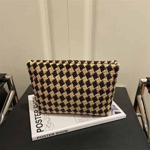 Schachbrettmuster Gewebte Kosmetiktasche Große Kapazität Mikrofaser Make-up-Organizer Für Damen Vintage Hahnentritt Clutch Reise Aufbewahrungstasche
