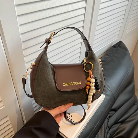 Women Retro Suede Patchwork Hobo Bag Minimalist Underarm Shoulder Bag With Beaded Pendant Crossbody Commuting Small Square Bag