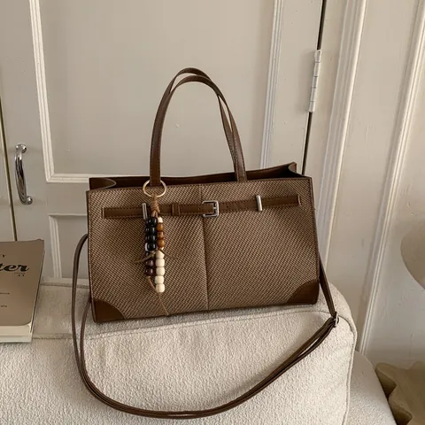 Borsa Tote Minimalista Vintage da Donna Grande Capacità in Pelle PU e Tessuto Intrecciato con Ciondolo di Perline di Legno