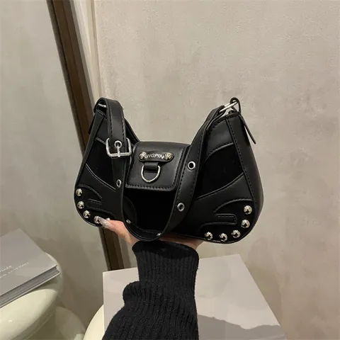 Women Retro Rivet Underarm Bag PU Leather Suede Patchwork Y2K Motorbike Shoulder Bag Fashion Hobo Handbag Daily Accessory