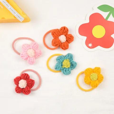 Handmade Crochet Flower Hair Ties For Little Girls Korean Style Yarn Knit Floral Elastic Scrunchies Cute Hair Accessories