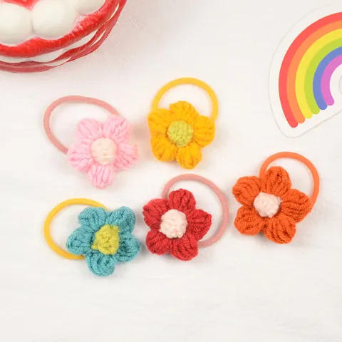Handmade Crochet Flower Hair Ties For Little Girls Korean Style Yarn Knit Floral Elastic Scrunchies Cute Hair Accessories