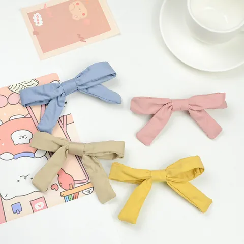 Korean Style Sweet Fabric Bow Hair Clip For Girls Handmade Solid Color Bowknot Duckbill Clip Elegant Hair Accessories For Kids Women