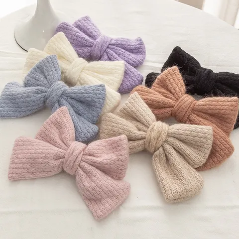 Vintage Double Layer Large Knitted Bow Hair Clip For Women Handmade Mohair Spring Clip Elegant Winter Hair Accessories