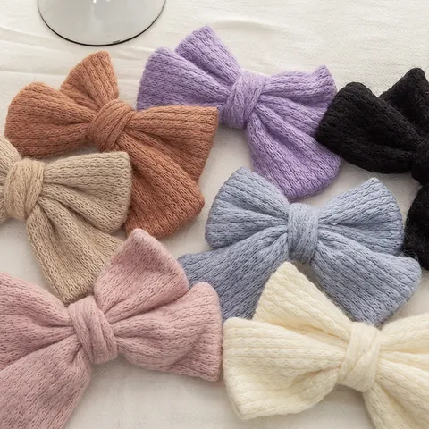 Vintage Double Layer Large Knitted Bow Hair Clip For Women Handmade Mohair Spring Clip Elegant Winter Hair Accessories