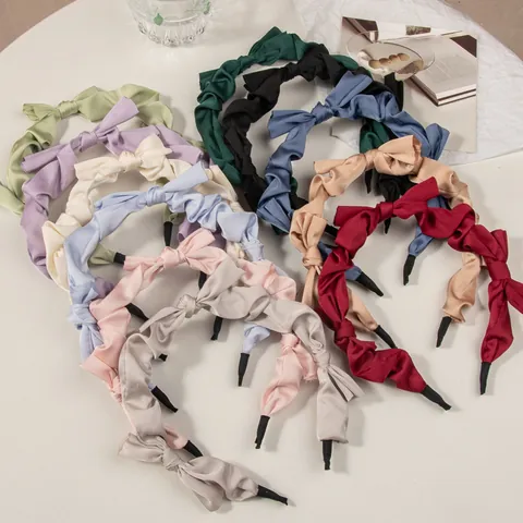 Korean Vintage Satin Pleated Bow Headband For Women Girls French Style Minimalist Solid Color Hair Hoop Fashion Hair Accessories