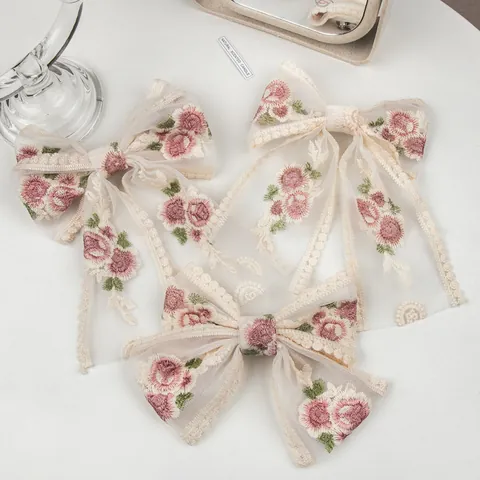 Frische Bestickte Blumen Netz Schleife Haarspange Elegantes Spitze Band Federclip Süßes Stirnband Für Damen Haarschmuck