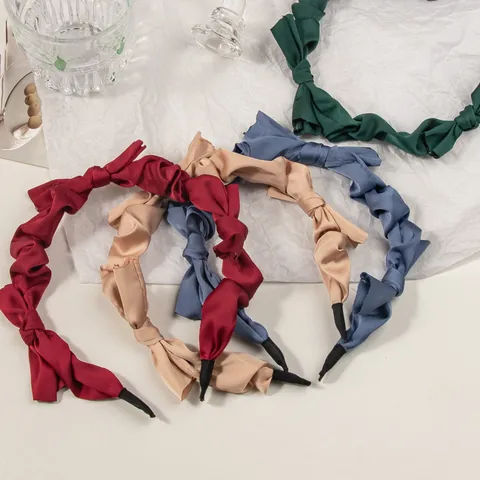 Korean Vintage Satin Pleated Bow Headband For Women Girls French Style Minimalist Solid Color Hair Hoop Fashion Hair Accessories