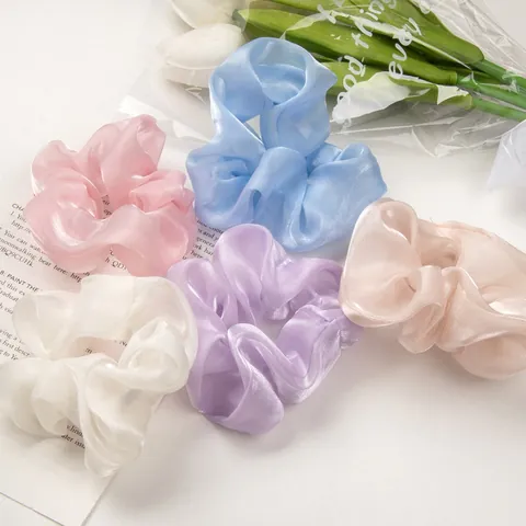 Korean Style Pearlescent Satin Organza Scrunchie Solid Color Pleated Hair Tie Elegant Mesh Hair Accessories For Women