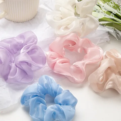 Korean Style Pearlescent Satin Organza Scrunchie Solid Color Pleated Hair Tie Elegant Mesh Hair Accessories For Women