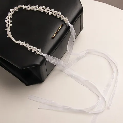Elegantes Künstliche Perlen Gewebtes Haarband Mit Weißem Organzaband Für Damen Hochzeit Party Fee Stil Dual Use Choker Kopfschmuck
