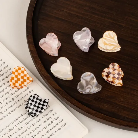 Acetate Heart Hair Claw Clip Mini Retro Checkerboard Marble Pattern Clamp For Women Girls Elegant Daily Styling Accessory