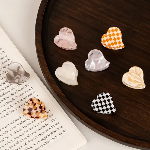 Acetate Heart Hair Claw Clip Mini Retro Checkerboard Marble Pattern Clamp For Women Girls Elegant Daily Styling Accessory