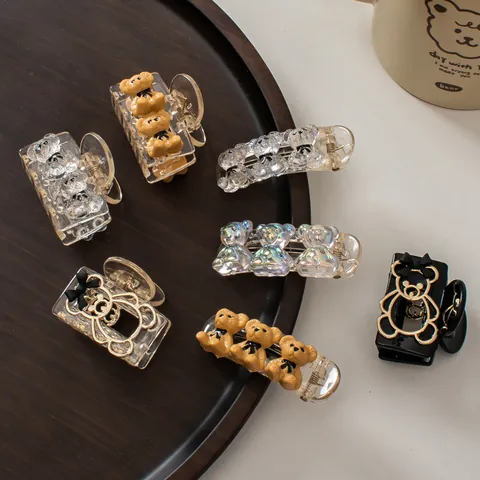 Orecchini per Capelli a Pinza Orso Champagne Dolce Coreano in Resina Cartone Animato Accessori Oro Nero per Donna Ragazze